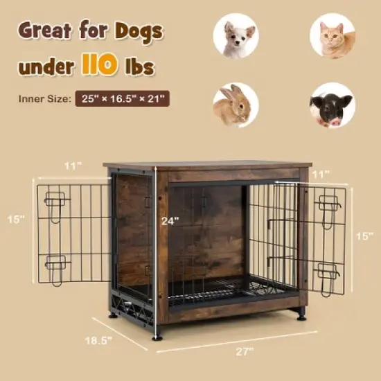 Tangkula Wooden Dog Crate Furniture with Tray Double Door Dog Kennels End Table image {8}