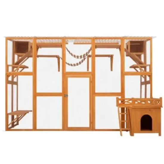 118" Outdoor Cat Enclosure with Shelves and Ramps, Large Cat Patio Playground with Roof, Cat Cage with FREE House-The Pop Home image {4}
