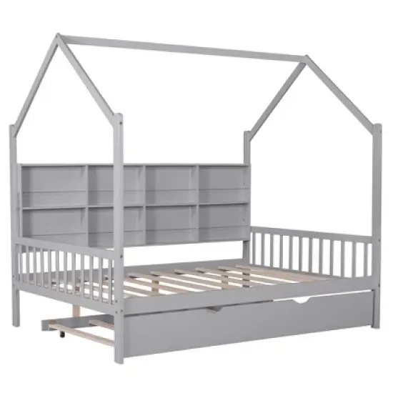 Wooden Twin Size House Bed With 2 Drawers, Storage Shelf Kids' Bed, Multifunctional Sky Roof House Bed Frame image {2}