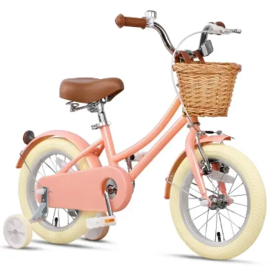 Itopfox Retro Cruiser Girls Bike for Children Ages 3-5 Years Old, Kids Bicycle with Wicker Basket & Training Wheels, Peach image {7}