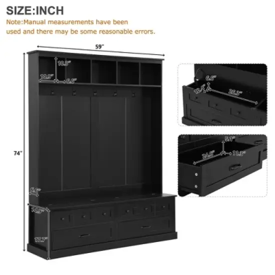 TiramisuBest Retro Farmhouse Hall Tree Bench with 5 Hooks, Lift-Top Storage & 2 Drawers - Entryway Organizer for Mudroom/Living Room (Black) image {2}