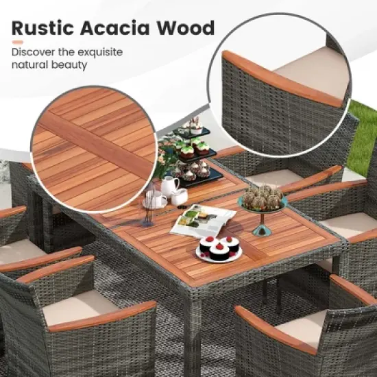 Costway 7 Pieces Outdoor Wicker Dining Set with Acacia Wood Table and 6 Armchairs image {7}