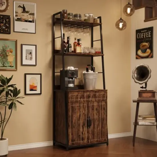 Bakers Rack with Storage Cabinet and Drawer, 70.8" Tall Industrial Coffee Bar Cabinet, Freestanding Kitchen Storage Organization, Rustic Brown image {5}