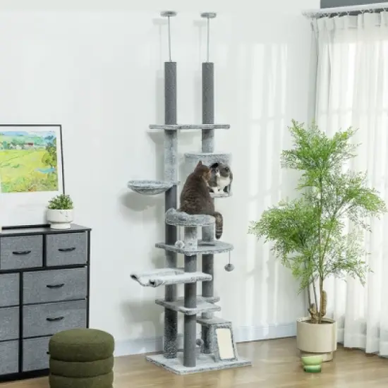 PawHut Floor to Ceiling Cat Tree, 89"-100" Adjustable Height Cat Climbing Tower Activity Center for Indoor Cats with Cat Perch, Condo & Hammocks, Gray image {2}
