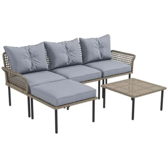 Outsunny 5 Pieces Patio Furniture Set with Cushions, Sofa, Chaise Lounge, Stool, Coffee Table image {6}