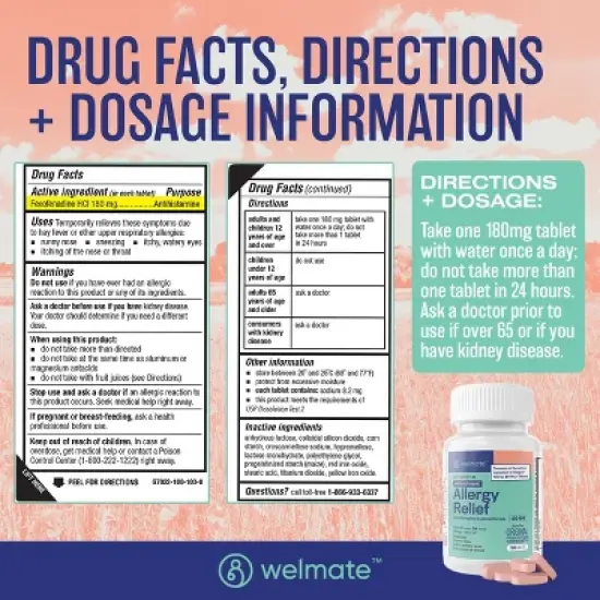 WELMATE 24 Hour Allergy Relief Tablets - Fexofenadine HCl 180mg 100ct image {4}