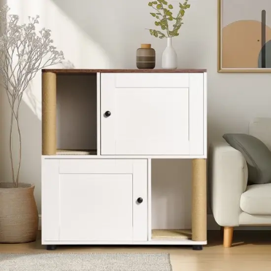 Cat Litter Box Enclosure with Double Room for 2 Cats, Hidden Enclosed Litter Box Furniture with Scratch Posts and Double-Layer Litter Mats image {9}