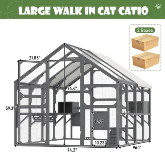 YOOCOZZ Large Catio Outdoor Cat Enclosure, Wooden Cat House with 7 Platforms, 2 Resting Boxes, 1 Bridge and 1 Ramp, Sunshine Board Roof-Gray image {10}