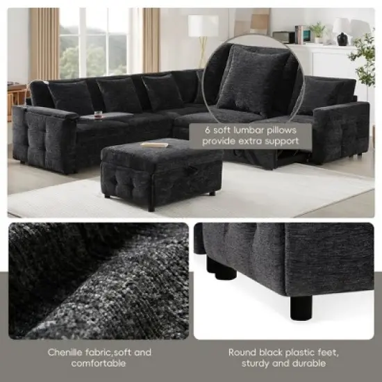 Whisen Chenille Sectional Pull-Out Sofa Bed with Flip-Up Table, Adjustable Reading Lamp, Charging Ports, Movable Storage Ottoman image {3}