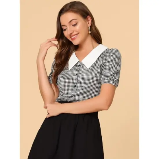Allegra K Women's Plaid Puff Sleeve Blouse Contrast Collar Button Down Shirt Tops image {1}
