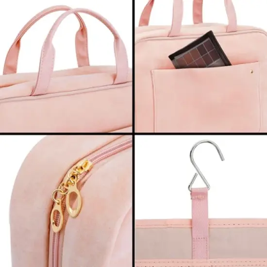 Glamlily Large Pastel Pink Travel Hanging Toiletry Bag with S Hook and Handle, Easy to Clean Polyester Fabric, 12.5 x 4 x 9.5 In image {3}