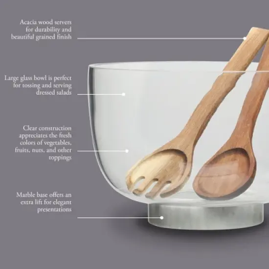 Gibson Elite Wildgreens Large Glass Salad Bowl Set with Acacia Serving Utensils image {2}