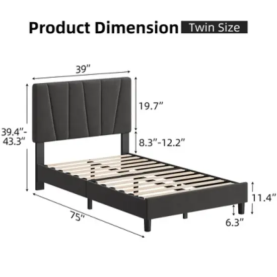 Bed Frame with Adjustable Headboard, Linen Upholstered Platform Bed Frame with Strong Wooden Slats, Mattress Foundation image {1}