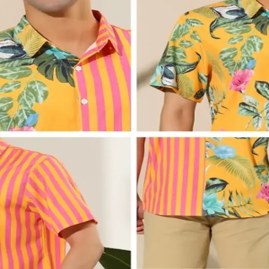 Lars Amadeus Men's Striped Shirt Point Collar Button Up Flower Print Summer Hawaiian Floral Patchwork Shirt image {5}