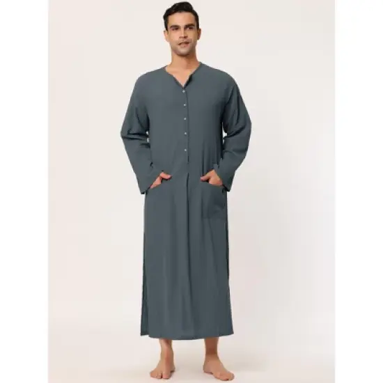 Lars Amadeus Men's Night Sleep Cotton Side Split Long Gown with Pockets image {1}
