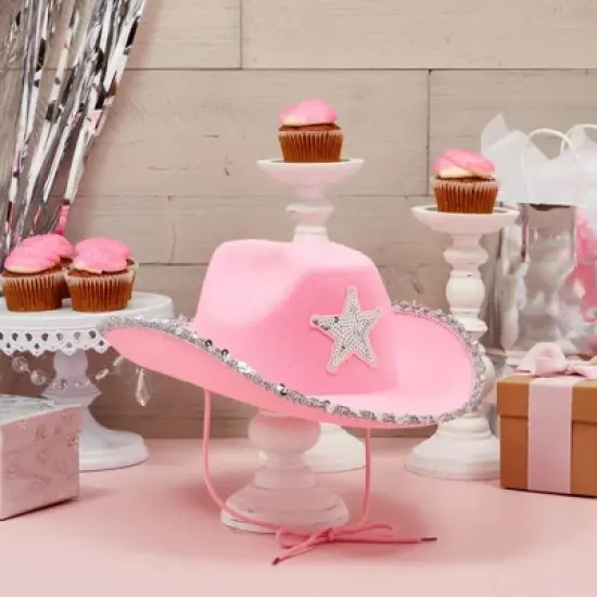 Zodaca 4-Pack Pink Cowboy Hats - Cute Felt Cowgirl Hats with Western Star for Costume, Dress Up Party (Adult Size) image {3}