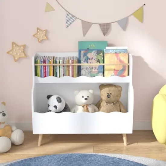 KWPZQEB Wooden Kids Bookshelf 2-Tier, Montessori Bookshelf with Legs, Scalloped Book Shelf for Bedroom Playroom Living Room, White image {1}