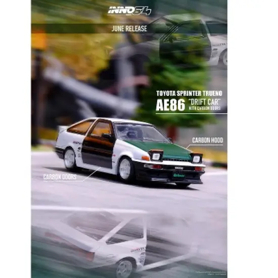 Toyota Sprinter Trueno AE86 RHD White with Green Carbon Hood and Black Carbon Doors 1/64 Diecast Model Car by Inno Models image {2}