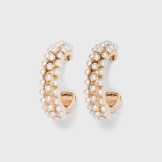 Round Pearl Hoop Earrings - A New Day&trade; Gold: Nickel-Free Metal, Zinc, Post Closure, 0.8" Length, 0.59" Width, Pearl Stone image {14}