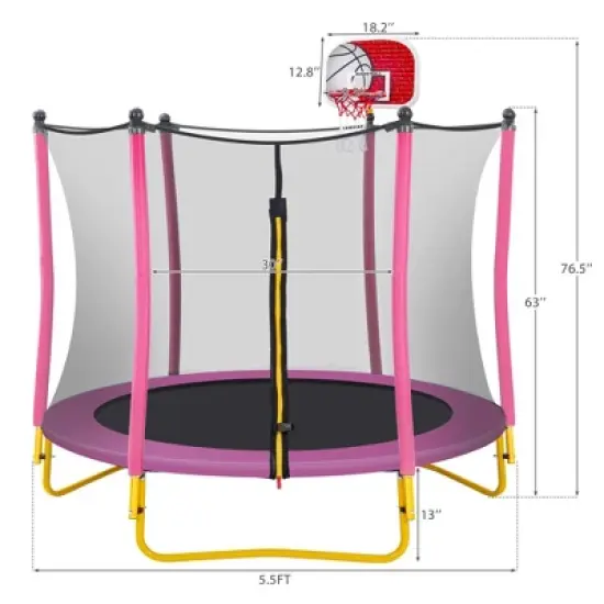 NAYSAYE Trampoline 5.5FT with Basketball Hoop and Safety Net for Indoor and Outdoor Fun for Kids Play Area, Pink, 65.00"*65.00"*76.50" image {3}