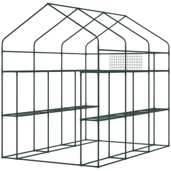 Outsunny 2-Tier Shelf Greenhouse with Door, Windows, PE Cover, Steel Frame for Outdoor Garden Plant & Plant Use, 84.25" x 56.25" x 76.75", Green image {4}