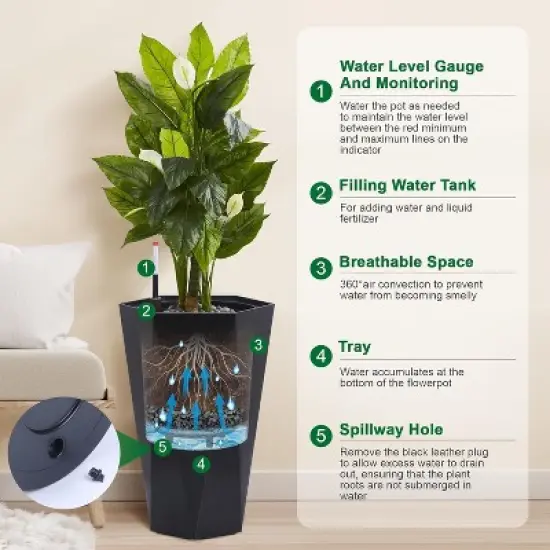 Acekool Set of 2 Self-Watering 16" Tall Planters with Wheels, Water Level Monitor, Large Indoor Outdoor Flower Pots, Drainage, Black image {3}