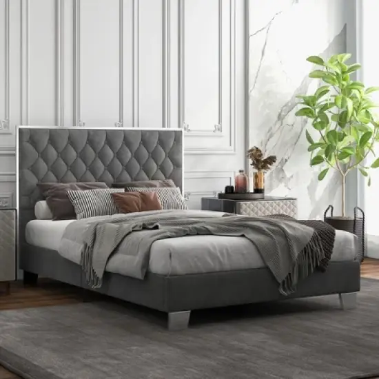 Costway  Upholstered Bed Mattress Foundation with Button Tufted Velvet Headboard image {4}