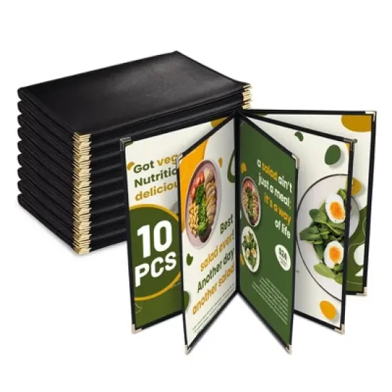 WeChef 10 Pack Restaurant Menu Covers 8.5" x 14" Book Style 8 Views Clear Cafe Black image {9}