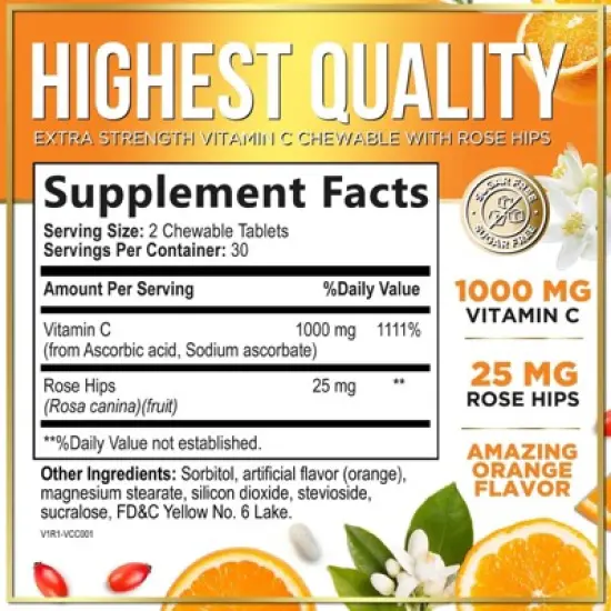 Chewable Vitamin C 1000 mg - For Immune Support & Antioxidant Natural Protection - 60 Tablets By Hello Lovely! image {1}
