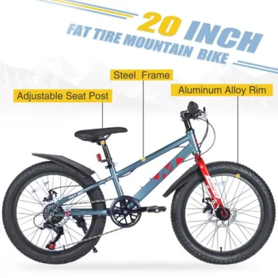 Aukfa Kids Mountain Bike Fat Tire 20 Inch 7 Speed Transmission with Fenders, Suitable for Girls and Boys Over 5 Years Old image {3}