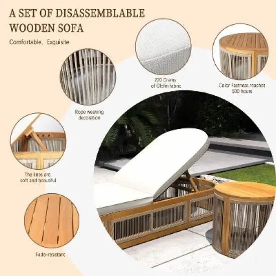 Moda Furnishings Acacia Wood Rope Weaving Patio Outdoor Reclining Chaise Lounge With Cream Cushions image {6}