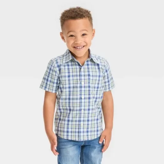OshKosh B'gosh Toddler Boys' Short Sleeve Plaid Woven Button-Down Shirt - Light Blue image {3}