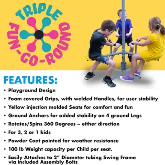 XDP Recreation Triple Fun Go Round 360 Degree Outdoor Spinning and Twirling Kids Playground or Backyard Ride for Up To 3 Children image {3}