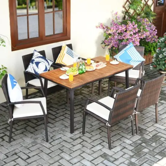 Tangkula 7PCS Patio Rattan Furniture Dining Set Wooden Table Cushioned Chair image {2}