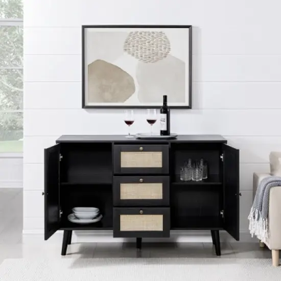 Modern Boho Wood and Rattan Storage Sideboard Black - Saracina Home image {5}