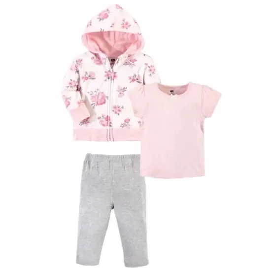 Hudson Baby Infant and Toddler Girl Cotton Hoodie, Bodysuit or Tee Top and Pant Set, Pink Floral Toddler image {2}