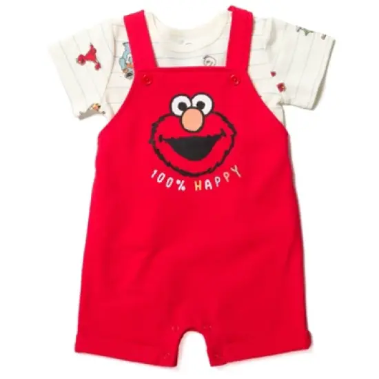 Sesame Street Elmo Baby French Terry Short Overalls T-Shirt and Hat 3 Piece Outfit Set Newborn to Infant image {4}