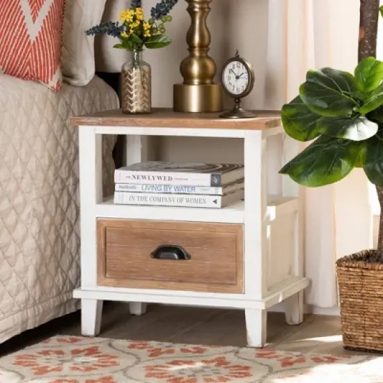 Glynn Wood 1 Drawer Nightstand White/Brown - Baxton Studio image {6}