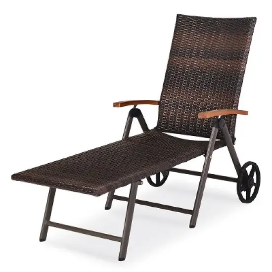 Tangkula Folding Outdoor Rattan Chaise Lounge Chair Cushioned Recliner w/ Wheels Beige image {5}