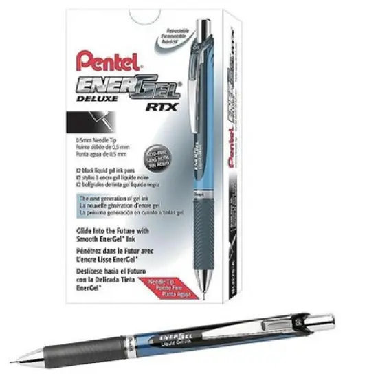 Pentel Gel Pen Retract/Refillable Needle Tip 0.5mm 12/BX BK Ink BLN75ABX image {2}