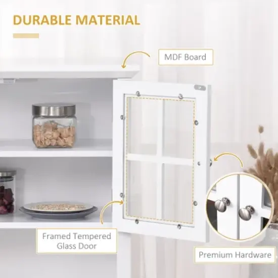 Gulches Elegant Versatile Buffet with Hutch - Kitchen Pantry Cabinet, Framed Glass Door, Drawer, Microwave Space, White 27"W x15.75"D x64.5"H image {8}