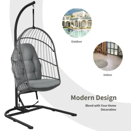 Costway Hanging Wicker Egg Chair w/ Stand Cushion Foldable Outdoor Indoor image {8}