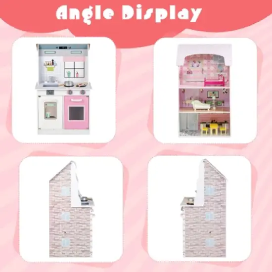 Costway Kids Kitchen Playset & Dollhouse 2-In-1 W/ Accessories & Furniture For Toddlers image {9}