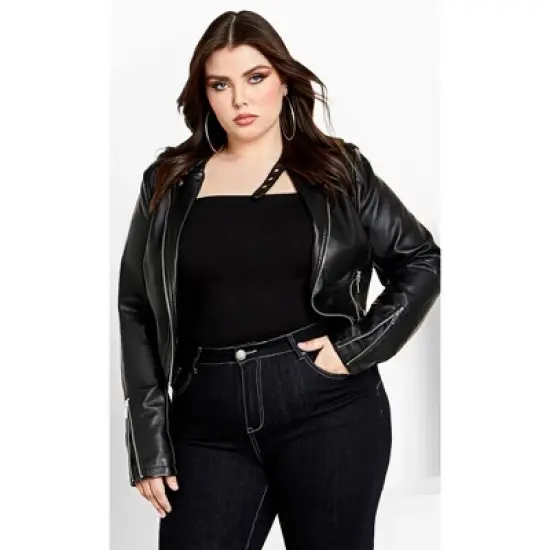 Women's Plus Size Cropped Biker Jacket - Black | CITY CHIC image {3}