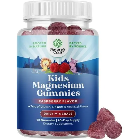 Kids Magnesium Gummies, Calm Relaxing Mag Citrate Supplement, Nerve Health, Muscles & Heart Support, Nature's Craft, Raspberry Flavor, 45 or 90ct image {9}