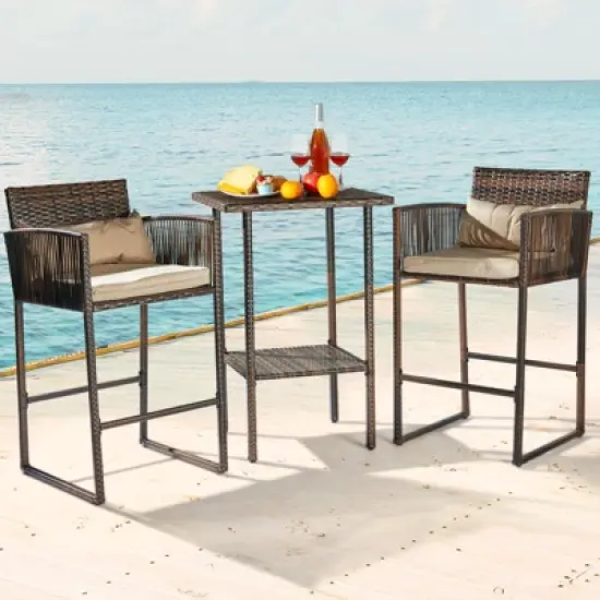 Patio 3-Piece Wicker Outdoor Bistro Set with Cushions image {7}