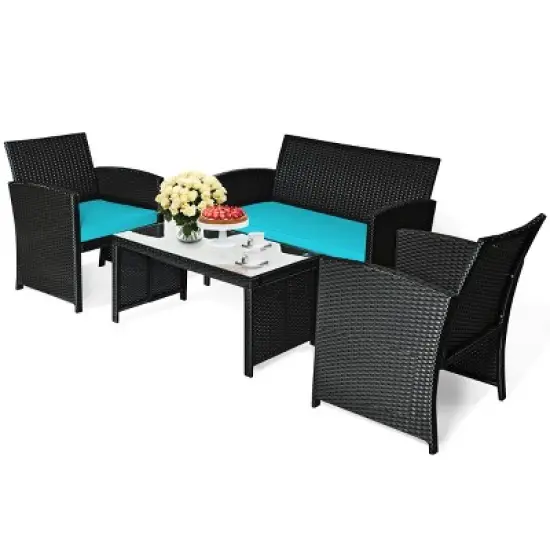 Tangkula 4 Piece Outdoor Patio Rattan Furniture Set Turquoise Cushioned Seat For Garden, Porch, Lawn image {6}
