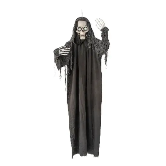 5 Ft. Animated Eyes Hanging Skeleton Reaper with Black Robe Halloween Decoration image {1}