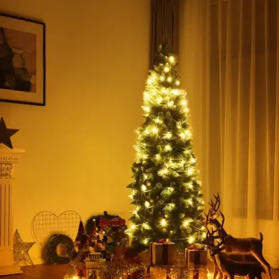 Costway 7.5ft Snow Flocked Pencil Christmas Tree Hinged Pine Cones image {4}