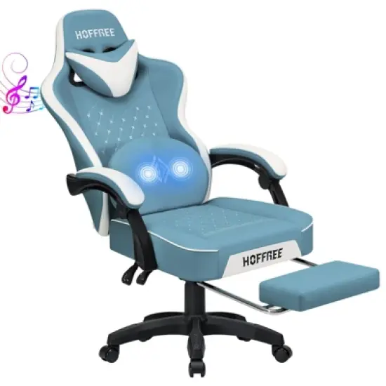 Hoffree Leather Massage Gaming Chair Ergonomic Office PC Chair with Bluetooth Speaker & Footrest image {12}